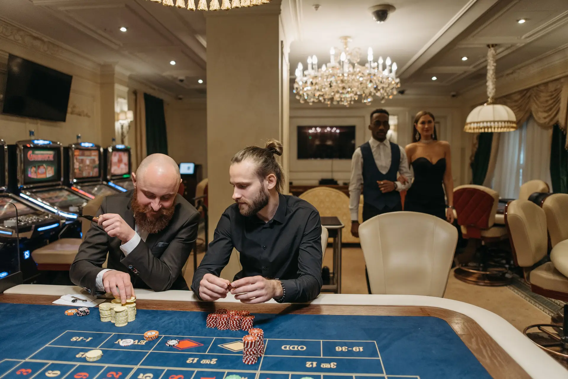 Roulette wheel with chips and dealer at a Canadian casino